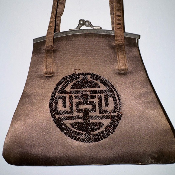 Small Brown Beaded Clutch Handbag Purse Metal Snap - Picture 2 of 8